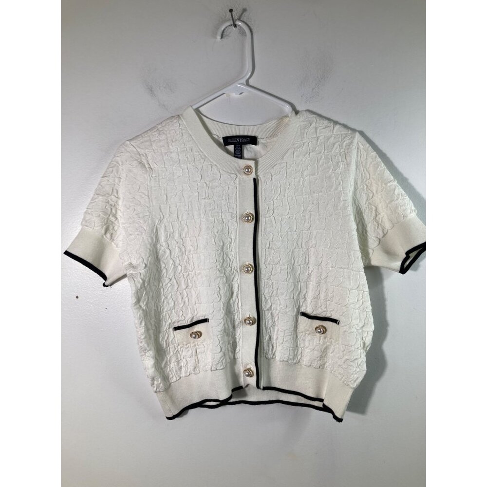 Womens Ellen Tracy Cropped Cardigan Pearl Gold Buttons Cream Black M NWOT